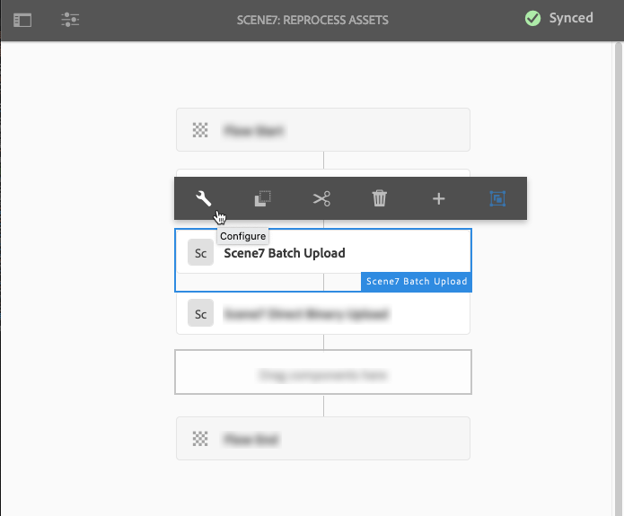 Screenshot of the "Scene7 Batch Upload" component on the "Dynamic Media Reprocess" page with the mouse pointer hovering over the "Configure" icon