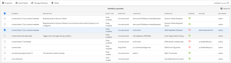 Select DAM metadata writeback launcher to modify its properties and activate it