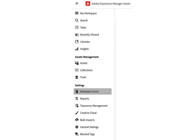 metadata forms option in left sidebar