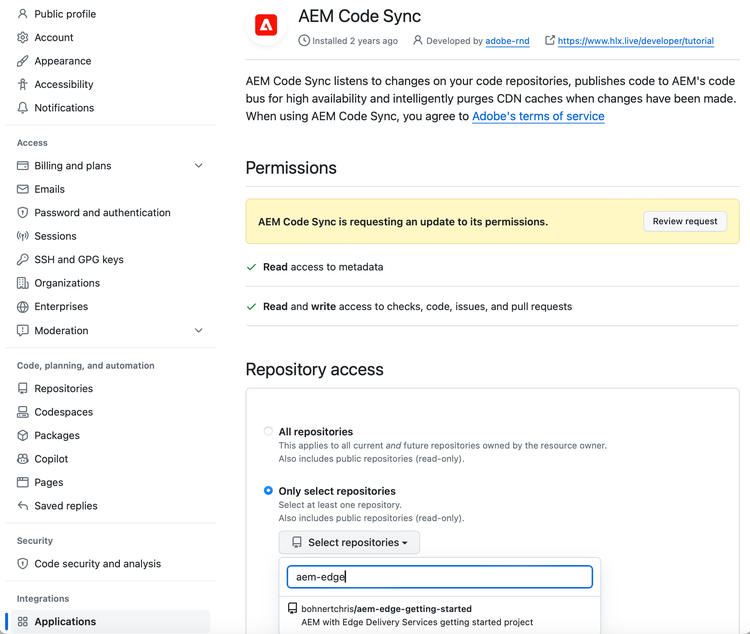 Granting AEM Code Sync access