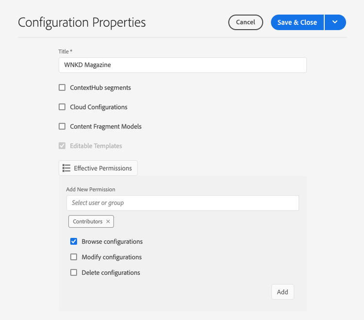 Add access rights to a configuration