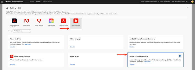 Add AEM as a Cloud Service API - Configure project