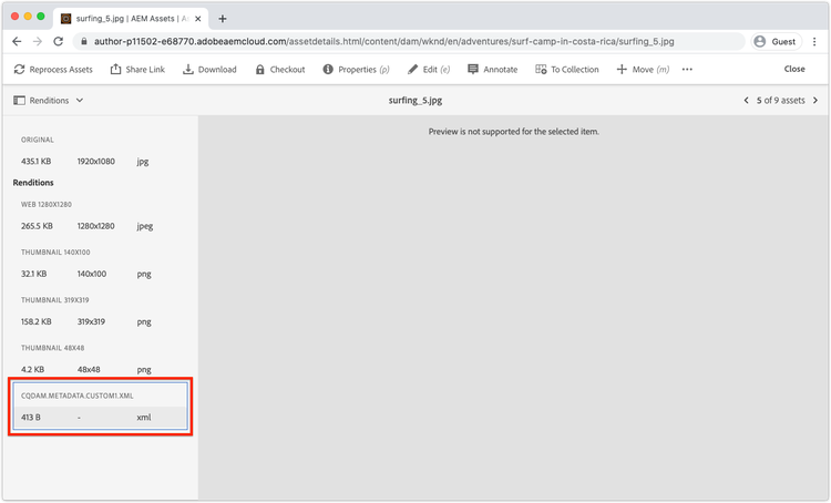 AEM Assets metadata rendition file