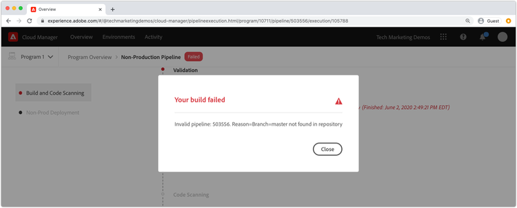 Invalid pipeline: XXXXXX. Reason=Branch=xxxx not found in repository