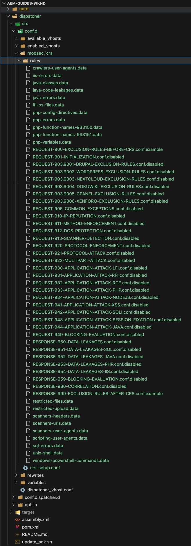 Disabled CRS rules within AEM project code - ModSecurity