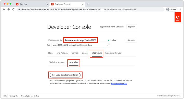 AEM Developer Console - Integrations - Get Local Development Token