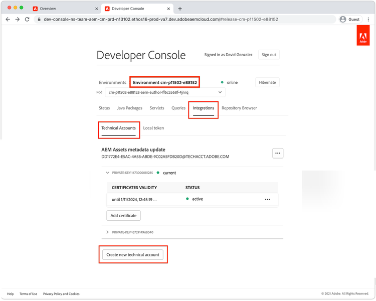 AEM Developer Console - Integrations - Get Service Credentials