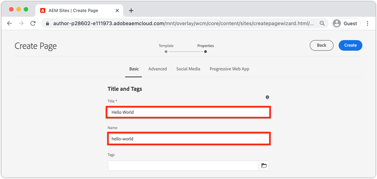 Initial Page properties