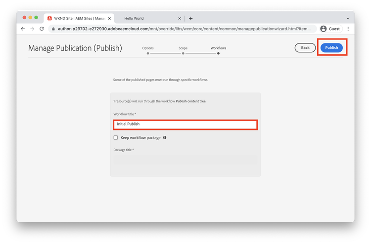 Workflow step initial publish