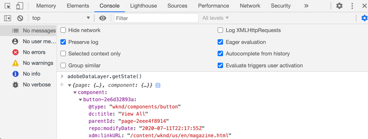 Data Layer state via browser console