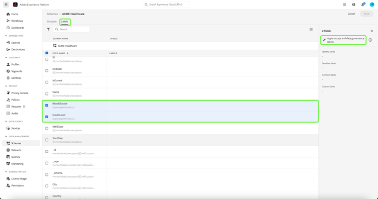 Image showing the BloodGlucose and InsulinLevel being selected and apply access and data governance labels being selected