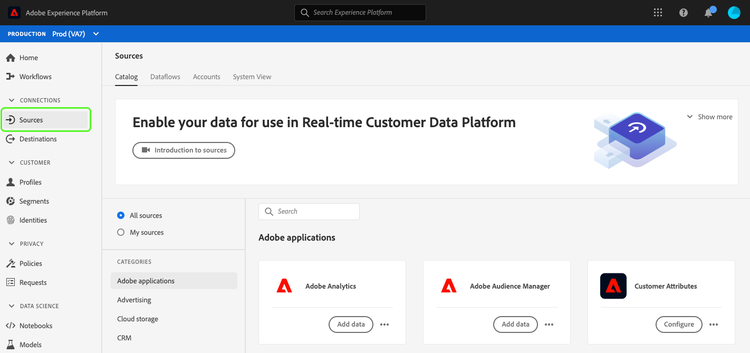 The Experience Platform left navigation with Sources selected.