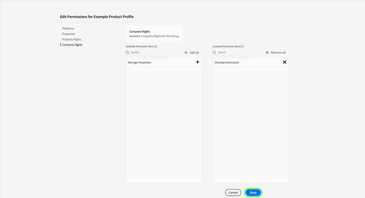 Image showing the permission configuration being saved for the product profile