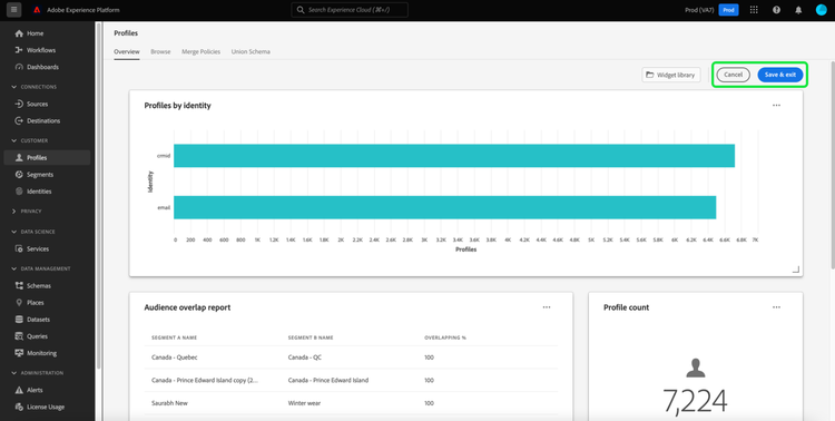 The Profiles dashboard with both Cancel and Save and exit highlighted.