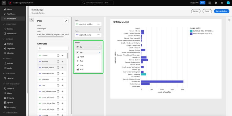 The widget composer with the Marks dropdown highlighted.