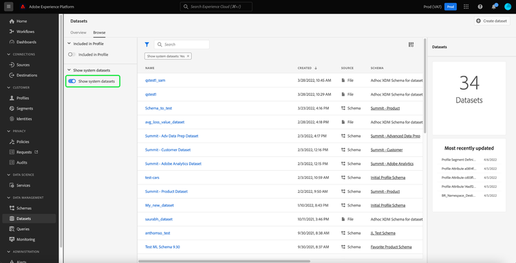 The Datasets Browse tab with the Show system datasets toggle highlighted.