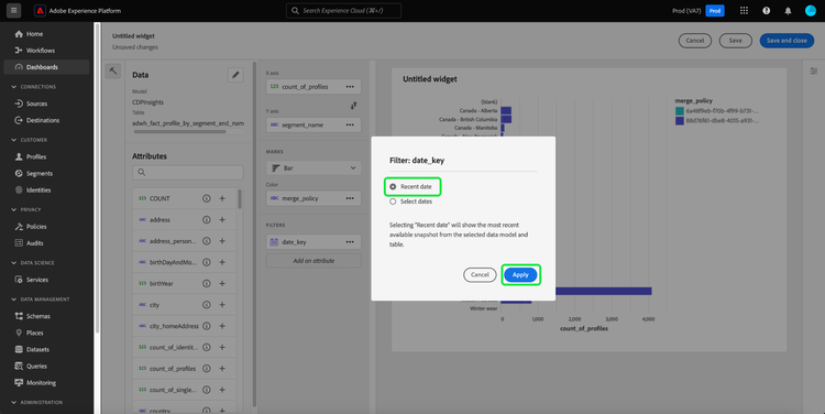 The Filter: date_key dialog with Recent date and Apply highlighted.