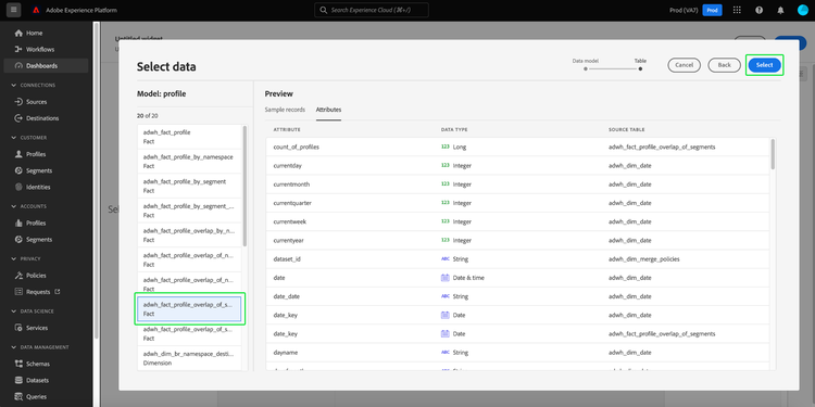 The select data dialog with select highlighted.