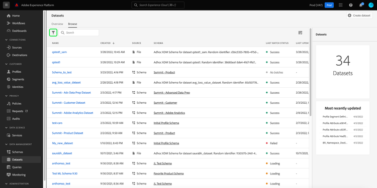 The Datasets Browse tab with the filter icon highlighted.