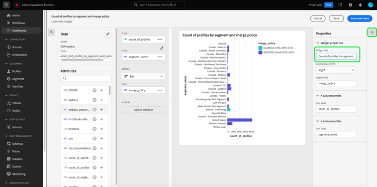 The properties panel with the properties icon and the Widget title field highlighted.