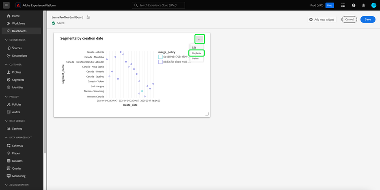 A widget in a user-defined dashboard with the ellipses and Duplicate widget highlighted.