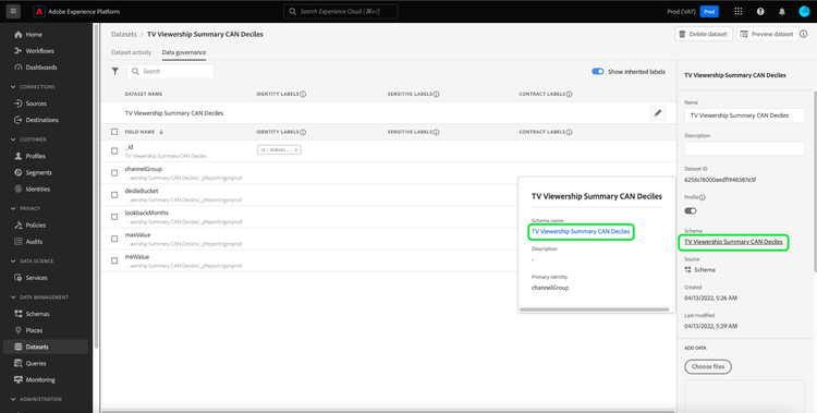 The Data Governance tab of the Datasets workspace with the schema name in the sidebar and dialog link highlighted.