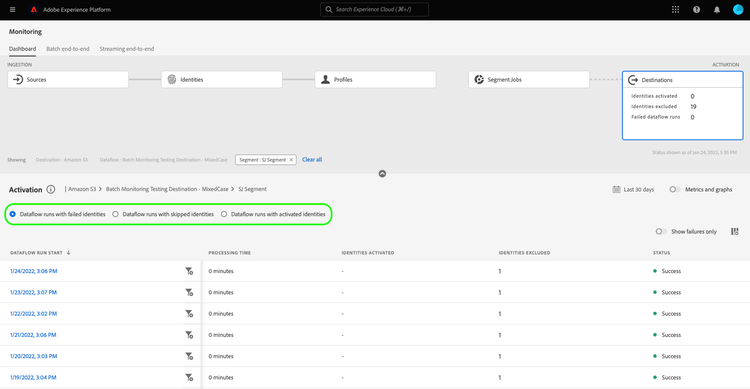 Radio buttons showing how to filter dataflow runs for segments.