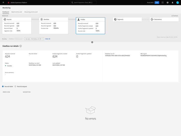 A dashboard showing detailed information about the selected dataflow is displayed.