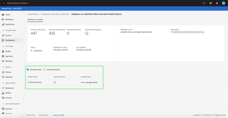 Dataflow records for streaming destinations with an error message highlighted.