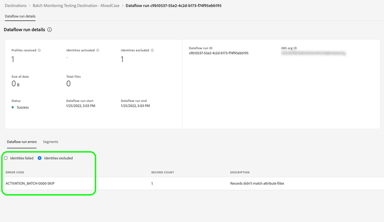 Dataflow records for batch destinations with an error message highlighted.