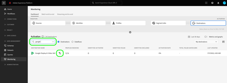 Filter destinations using the search bar highlighted in the monitoring view.