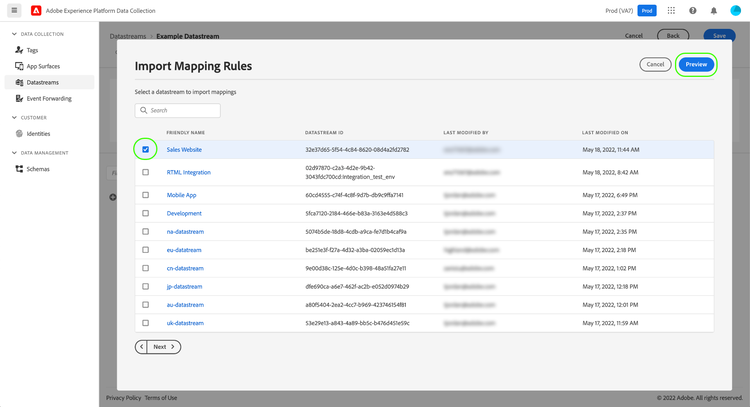 Selecting an existing datastream.