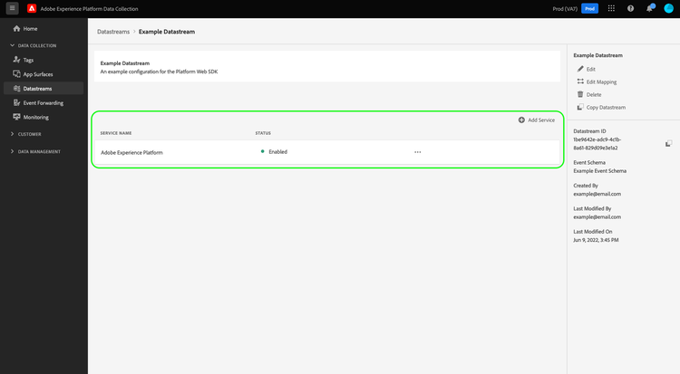 Services added to a datastream