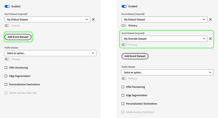 Datastreams UI screenshot showing the Adobe Experience Platform service settings, with the event dataset overrides highlighted.