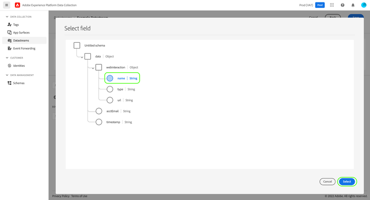 Selecting the field to be mapped in the source schema.