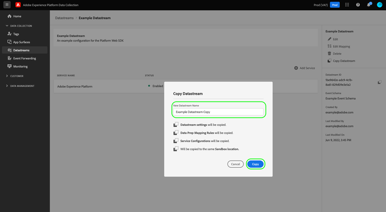 Confirmation dialog for copying a datastream.