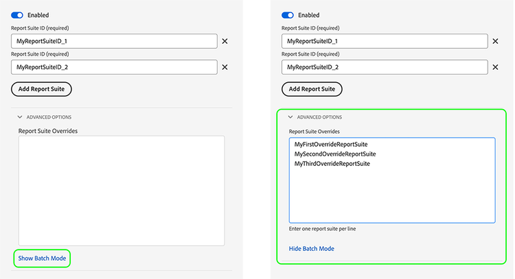 Datastreams UI screenshot showing the Adobe Analytics service settings, with the report suite overrides highlighted.