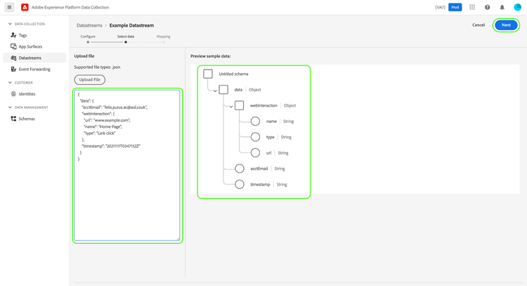 JSON sample of expected incoming data.