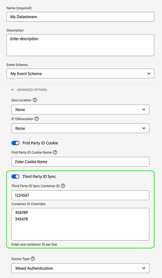 Datastreams UI screenshot showing the datastream settings, with the third party ID sync container overrides highlighted.