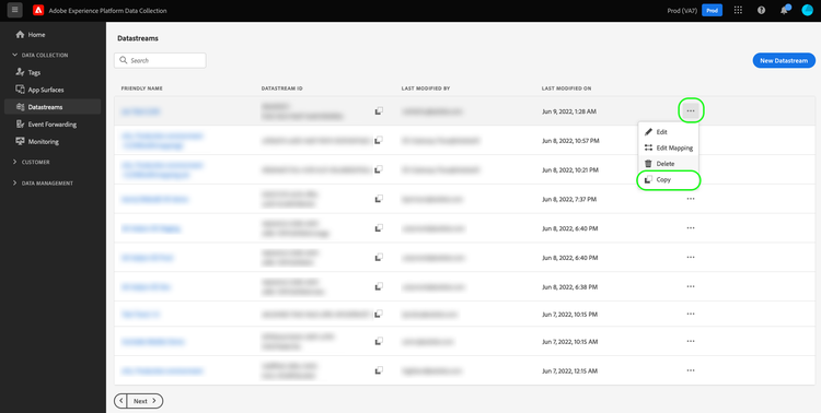 Image showing the Copy option being selected from the datastream list view.