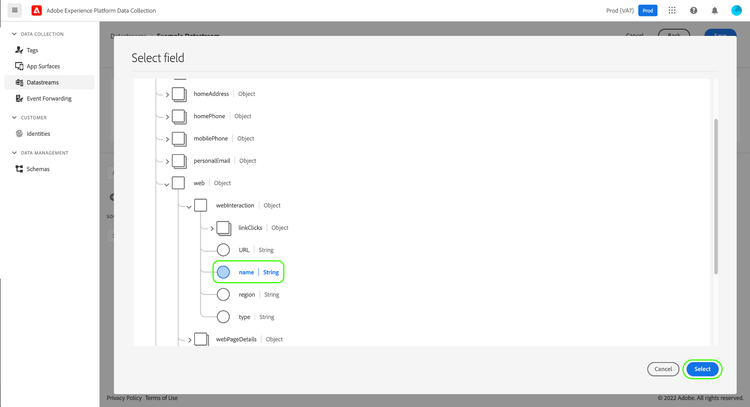 Selecting the field to be mapped in the target schema.