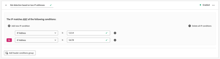 Bot detection rule based on two IP addresses.