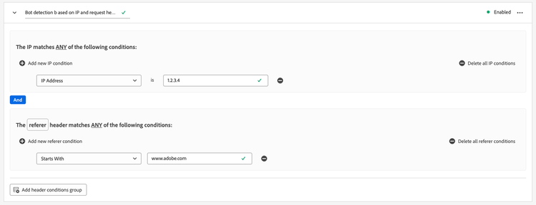 Bot detection rule based on IP address and request header.