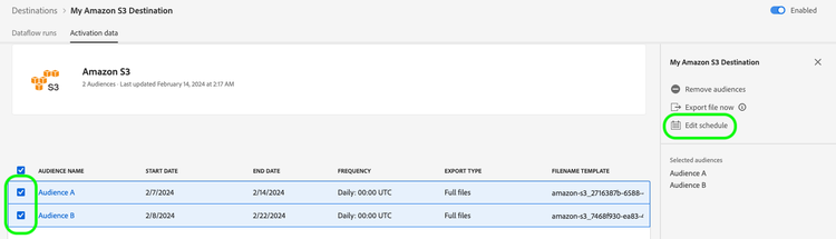 Activation data screen highlighting the option to edit activation schedules for multiple audiences.