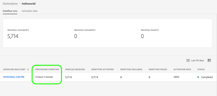 Image of the Dataflow runs page with the Processing time column highlighted for a streaming destination.