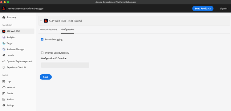 Experience Platform Debugger UI image showing the configuration screen.