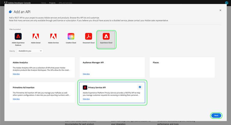 The Privacy Service API card being selected from the list of available APIs