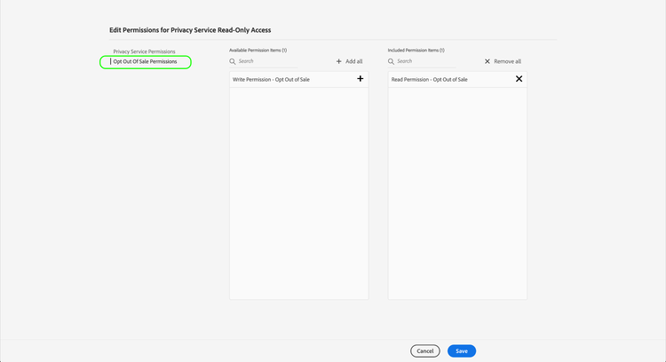 The Opt Out of Sale section under permissions.