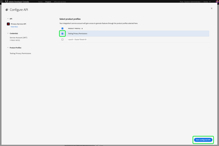 The Configure API dialog in Adobe Developer Console with a product profile checkbox and Save configured API highlighted.