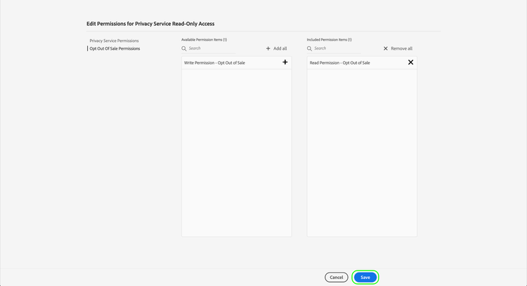 The permission configuration for the product profile with Save highlighted.